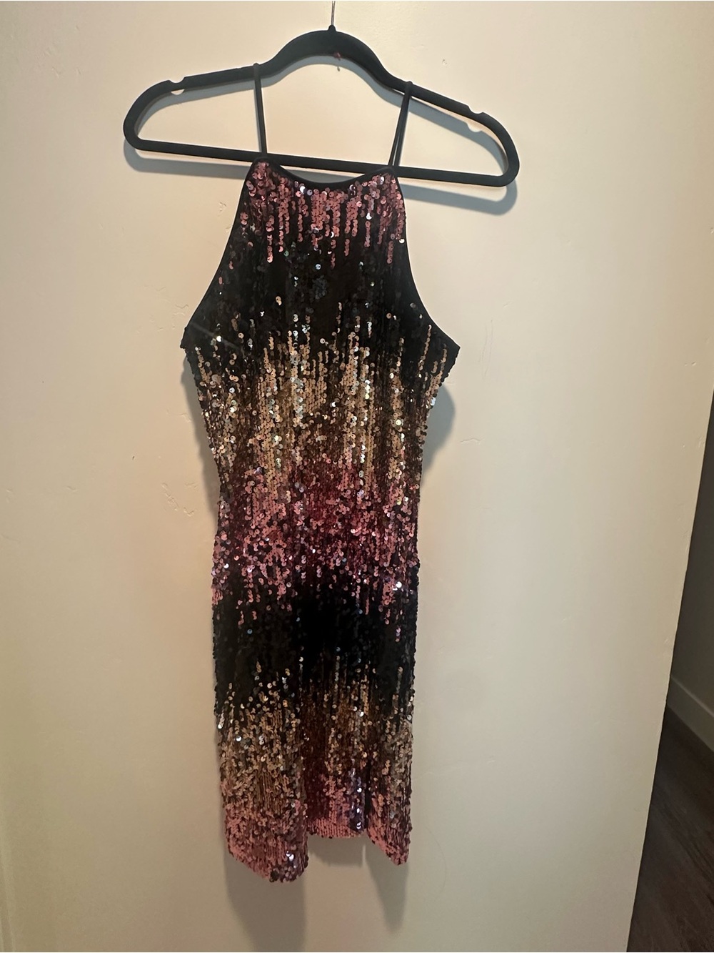 VENUS Black Sequin Halter Dress with Pink & Gold Accents